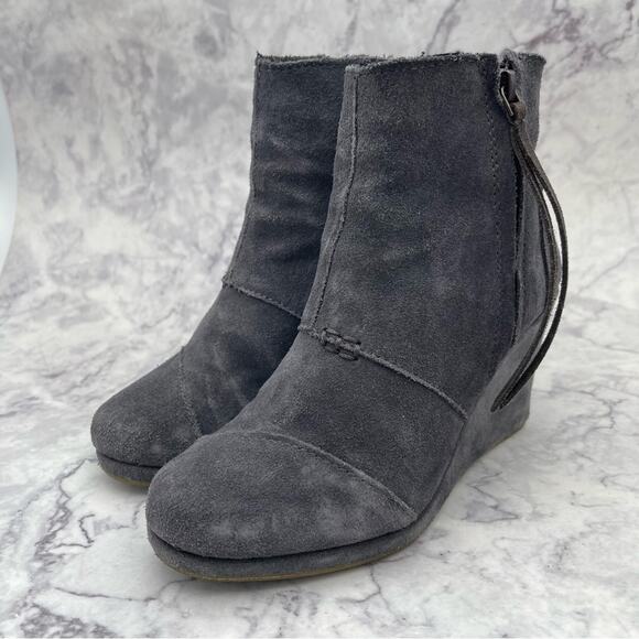 TOMS, Grey Suede Wedge Booties. Size 5.5. In excellent condition! 3.5" Heel. - Picture 1 of 7